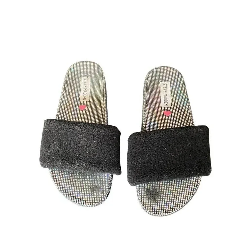Steve Madden Womens Slides Black Faux Fur Size 5 Casual Summer Open Toe Sandals